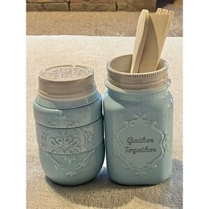 Young's Inc Light Blue Ceramic Mason Jar Utensil Holder and Measuring Cup Set